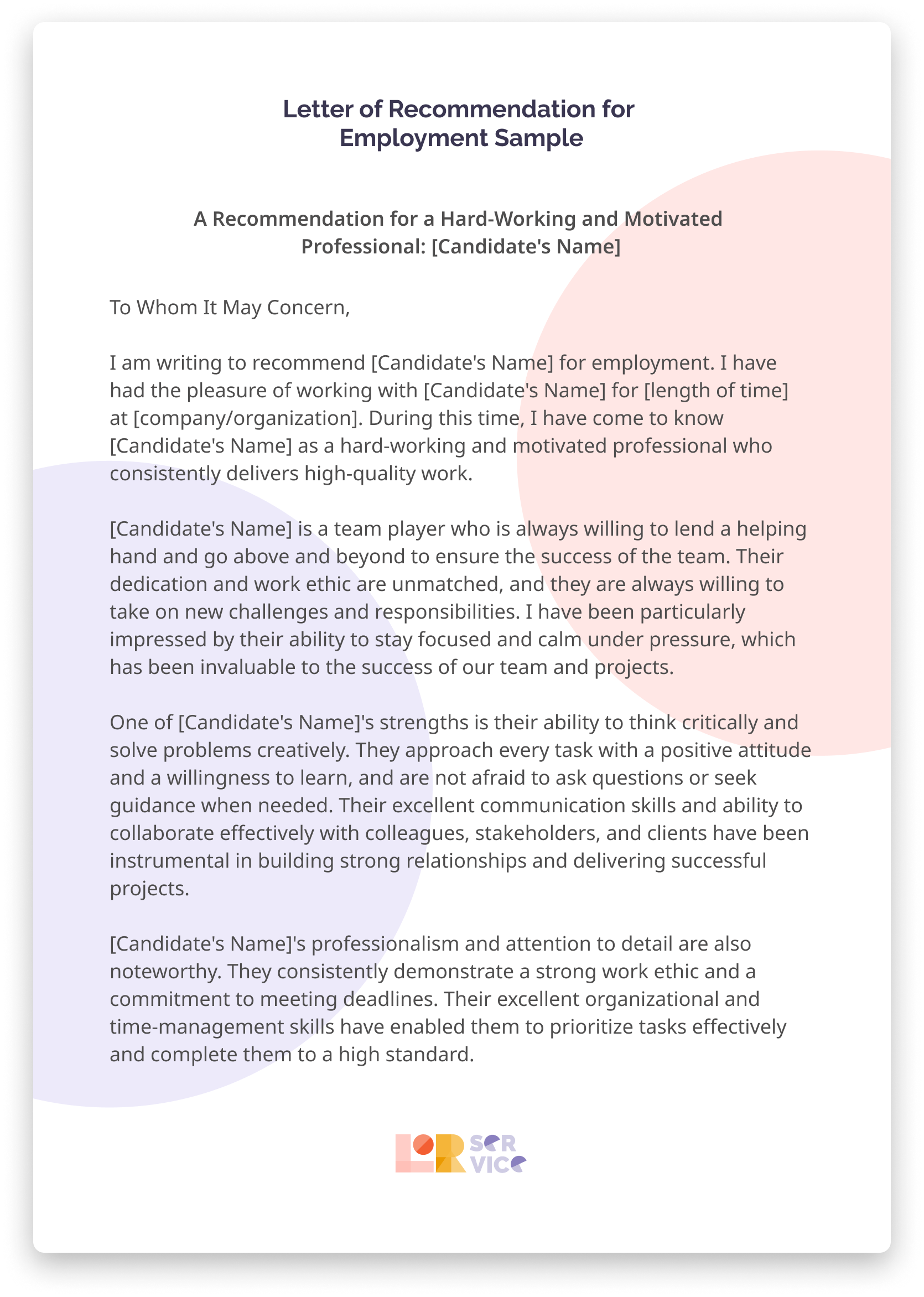 Letter Of Recommendation For Employment Writing Service